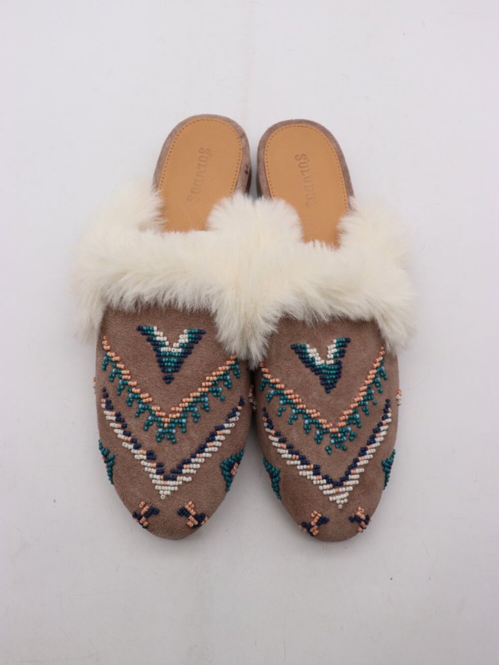 Soludos Sedona Women's Size 9 Fur Trim Beaded Suede Leather Mule Slip-On